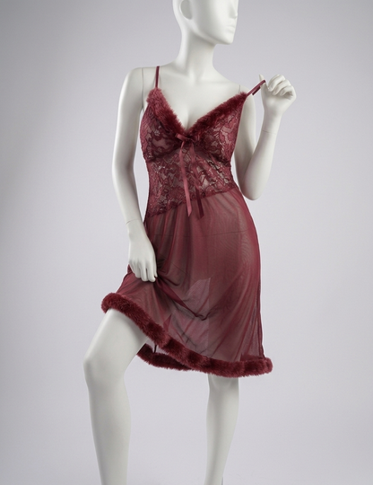 Lace Fur Trimmed Chemise-Midnight Velvet