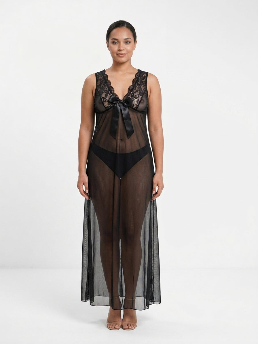 Angelic Romance-Lace Bow Sheer Gown & Panty Set