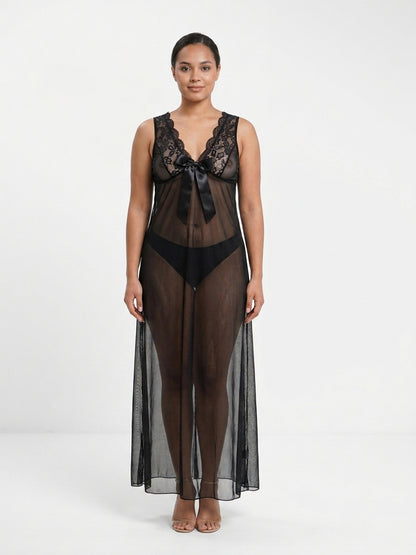 Angelic Romance-Lace Bow Sheer Gown & Panty Set
