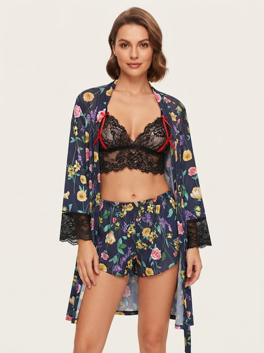 Roselle Noir Floral 3-Piece Robe Set