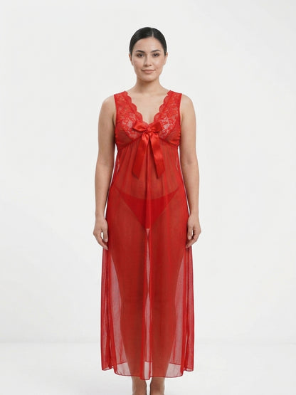 Angelic Romance-Lace Bow Sheer Gown & Panty Set