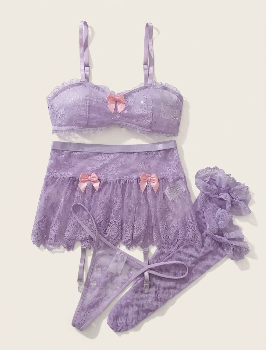 Bow Belle 4-Piece Garter set with Stockings