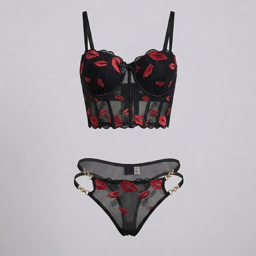 Midnight Kiss Mesh Corset & Panty Set-Padded