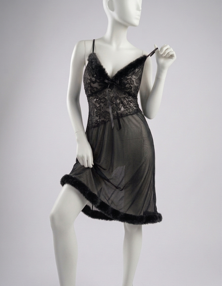 Lace Fur Trimmed Chemise-Midnight Velvet