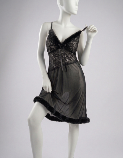 Lace Fur Trimmed Chemise-Midnight Velvet
