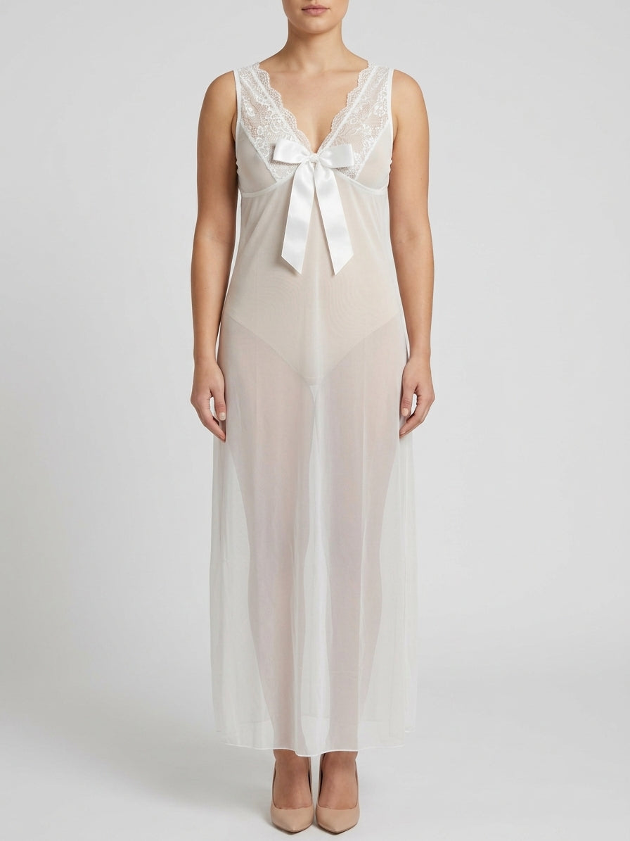 Angelic Romance-Lace Bow Sheer Gown & Panty Set