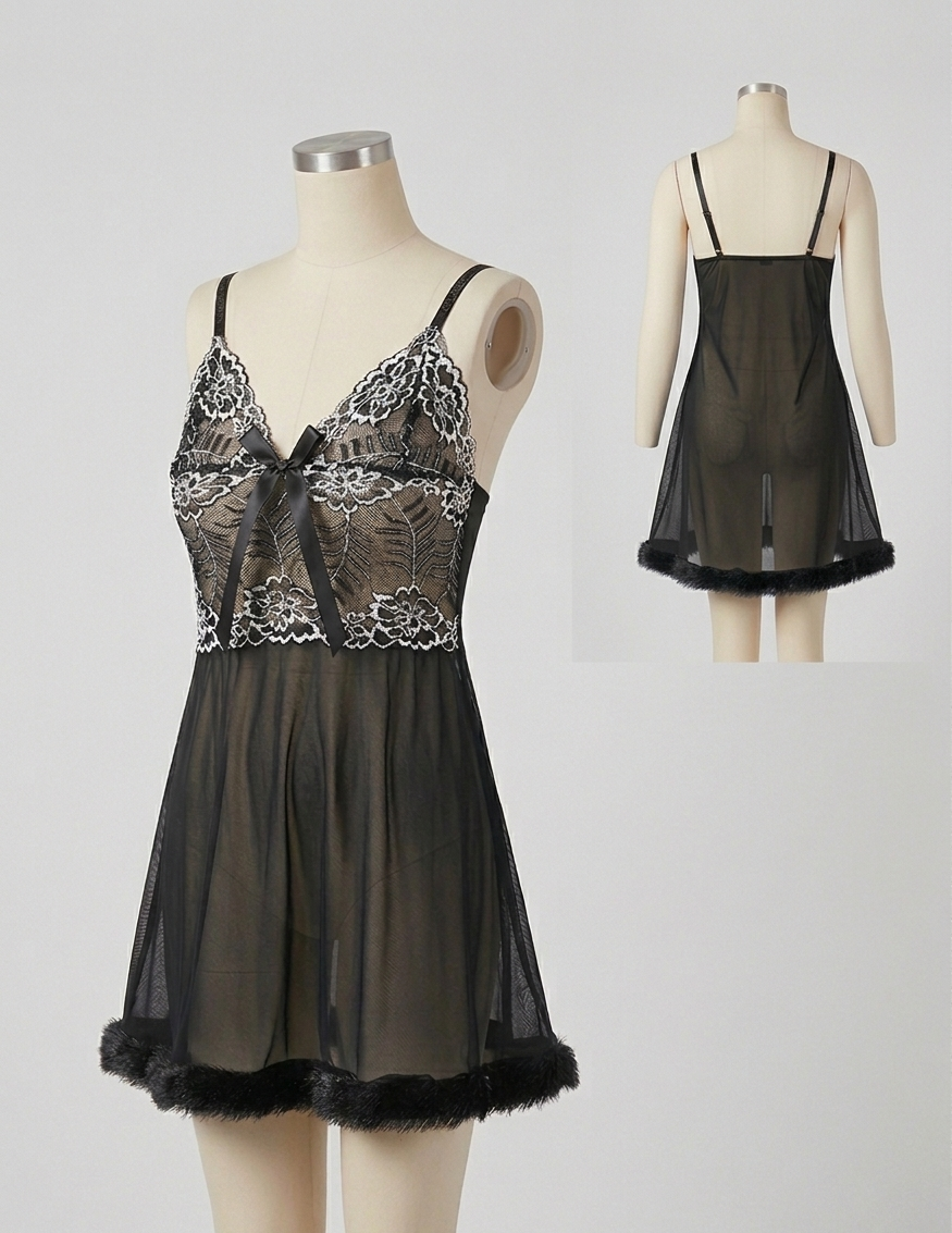 Two-Tone Lace & Fur Chemise – Enchanted Rose
