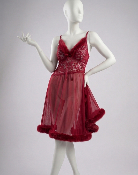 Lace Fur Trimmed Chemise-Midnight Velvet