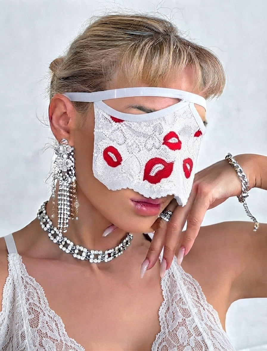 Crimson Kisses – Lip Embroidered Babydoll & Eye Mask Set