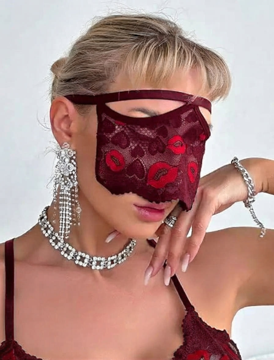 Crimson Kisses – Lip Embroidered Babydoll & Eye Mask Set