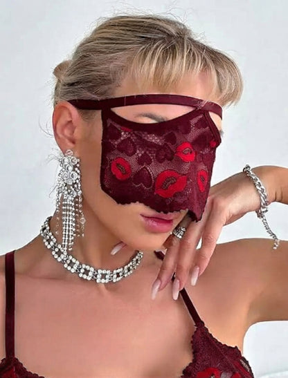 Crimson Kisses – Lip Embroidered Babydoll & Eye Mask Set