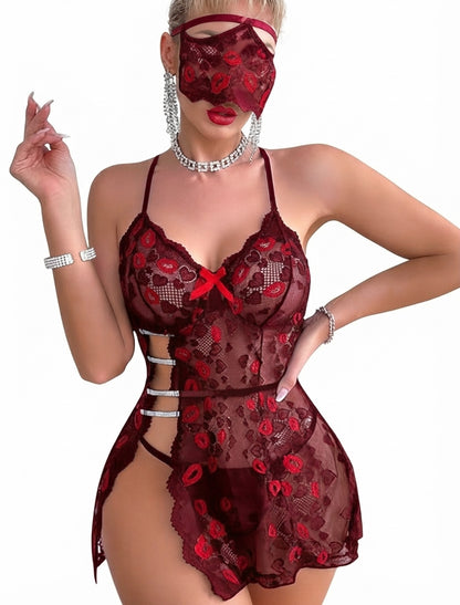 Crimson Kisses – Lip Embroidered Babydoll & Eye Mask Set