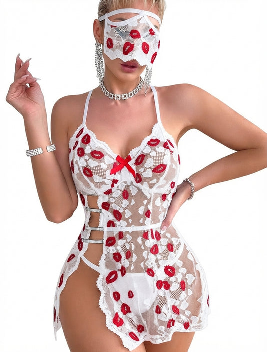 Crimson Kisses – Lip Embroidered Babydoll & Eye Mask Set