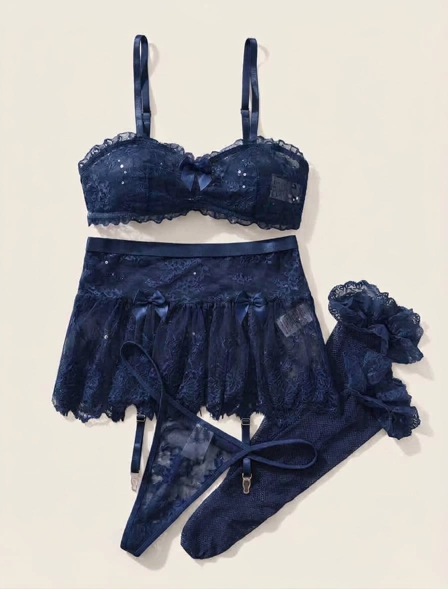 Bow Belle 4-Piece Garter set with Stockings