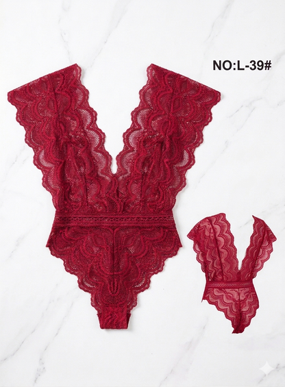 Scalloped Lace Deep-V Bodysuit