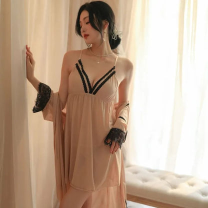 Secret Blush 3-Piece Sheer Lace Lingerie Set with Robe, Nightdress & Panty