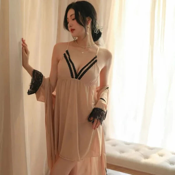 Secret Blush 3-Piece Sheer Lace Lingerie Set with Robe, Nightdress & Panty