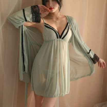 Secret Blush 3-Piece Sheer Lace Lingerie Set with Robe, Nightdress & Panty
