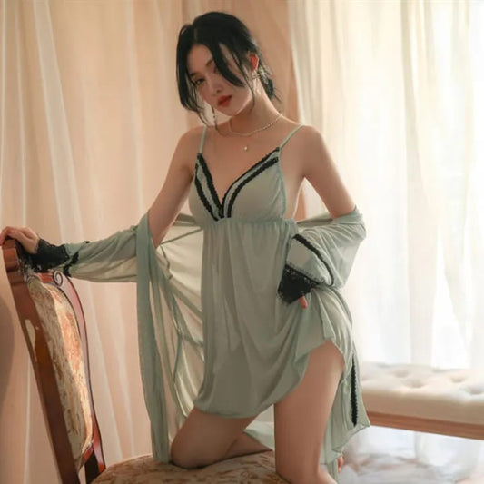 Secret Blush 3-Piece Sheer Lace Lingerie Set with Robe, Nightdress & Panty