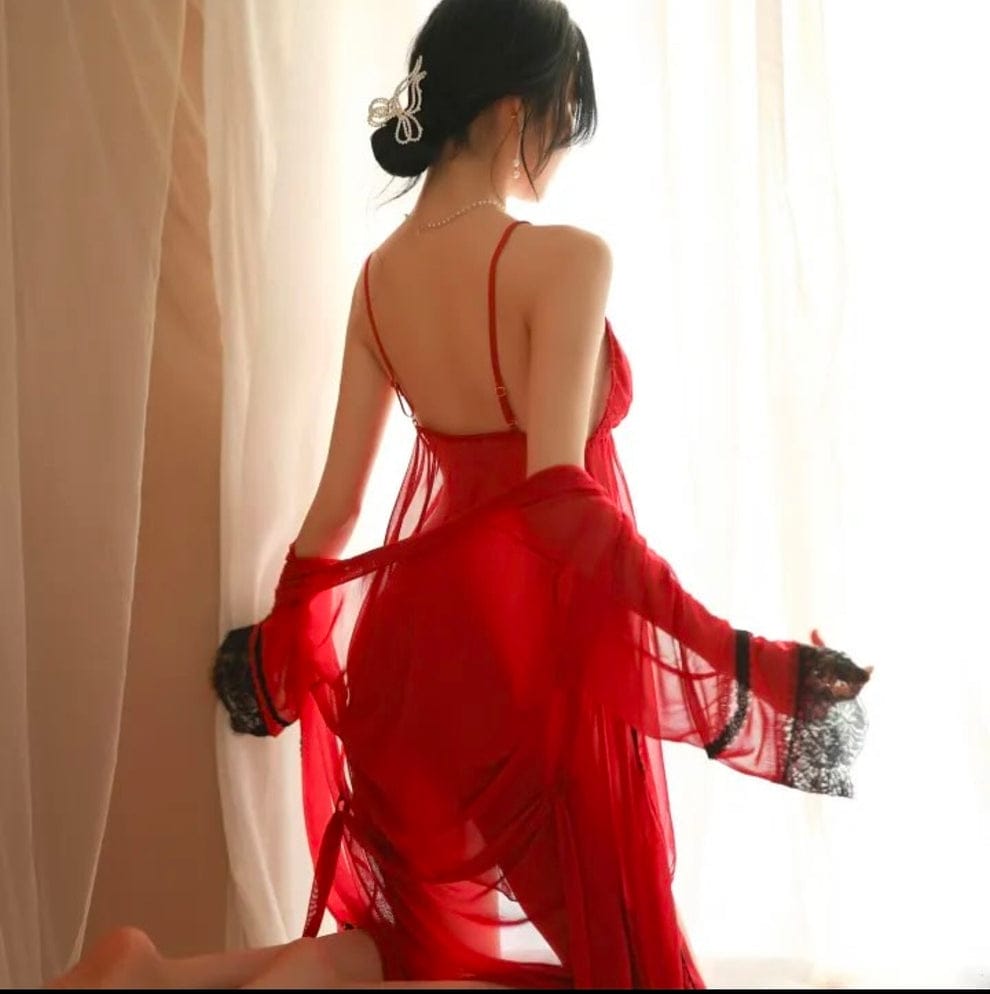 Secret Blush 3-Piece Sheer Lace Lingerie Set with Robe, Nightdress & Panty