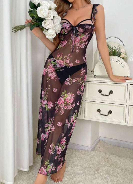 Midnight Bloom 2-Piece Floral Mesh Lingerie Set