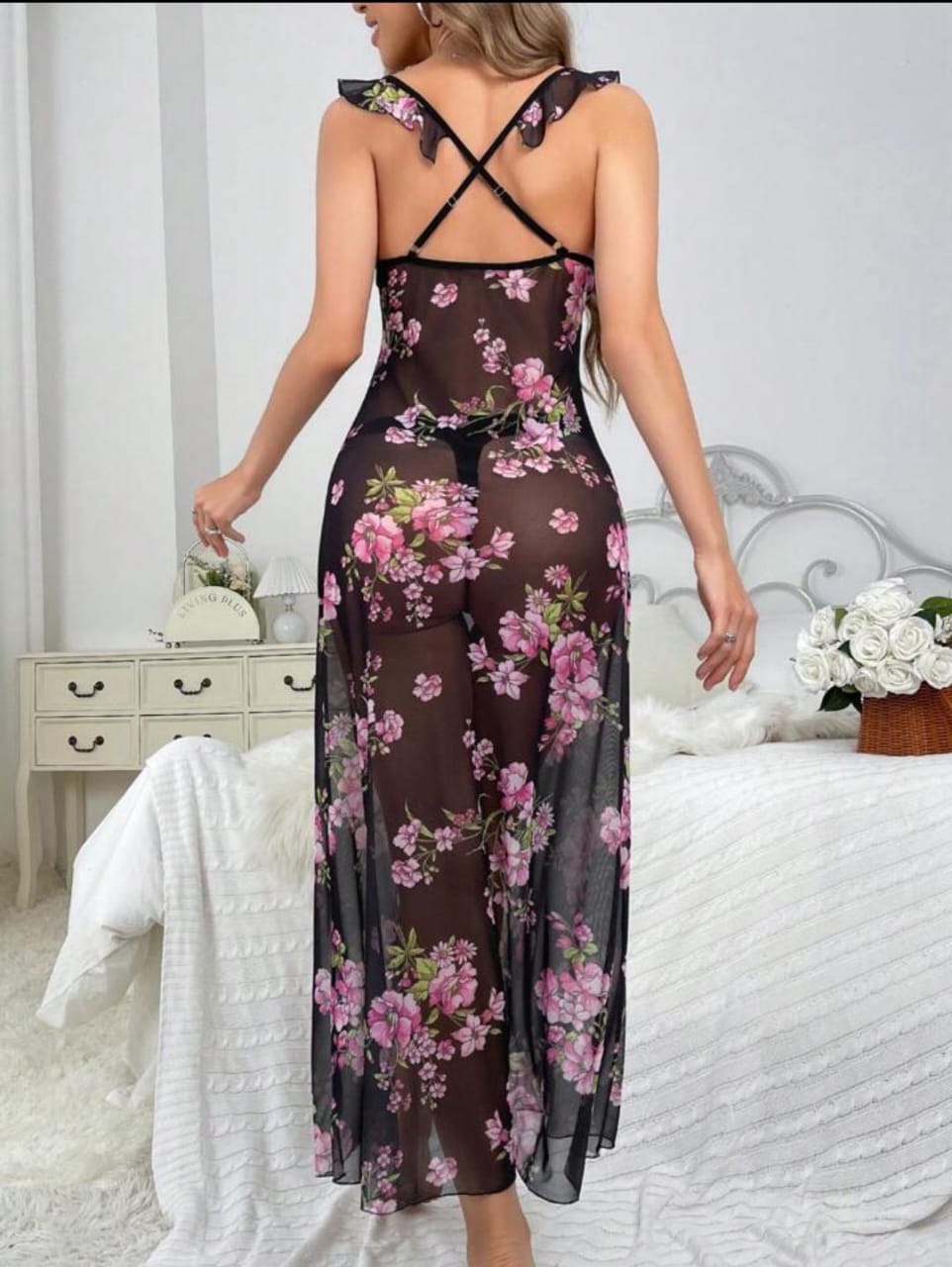 Midnight Bloom 2-Piece Floral Mesh Lingerie Set