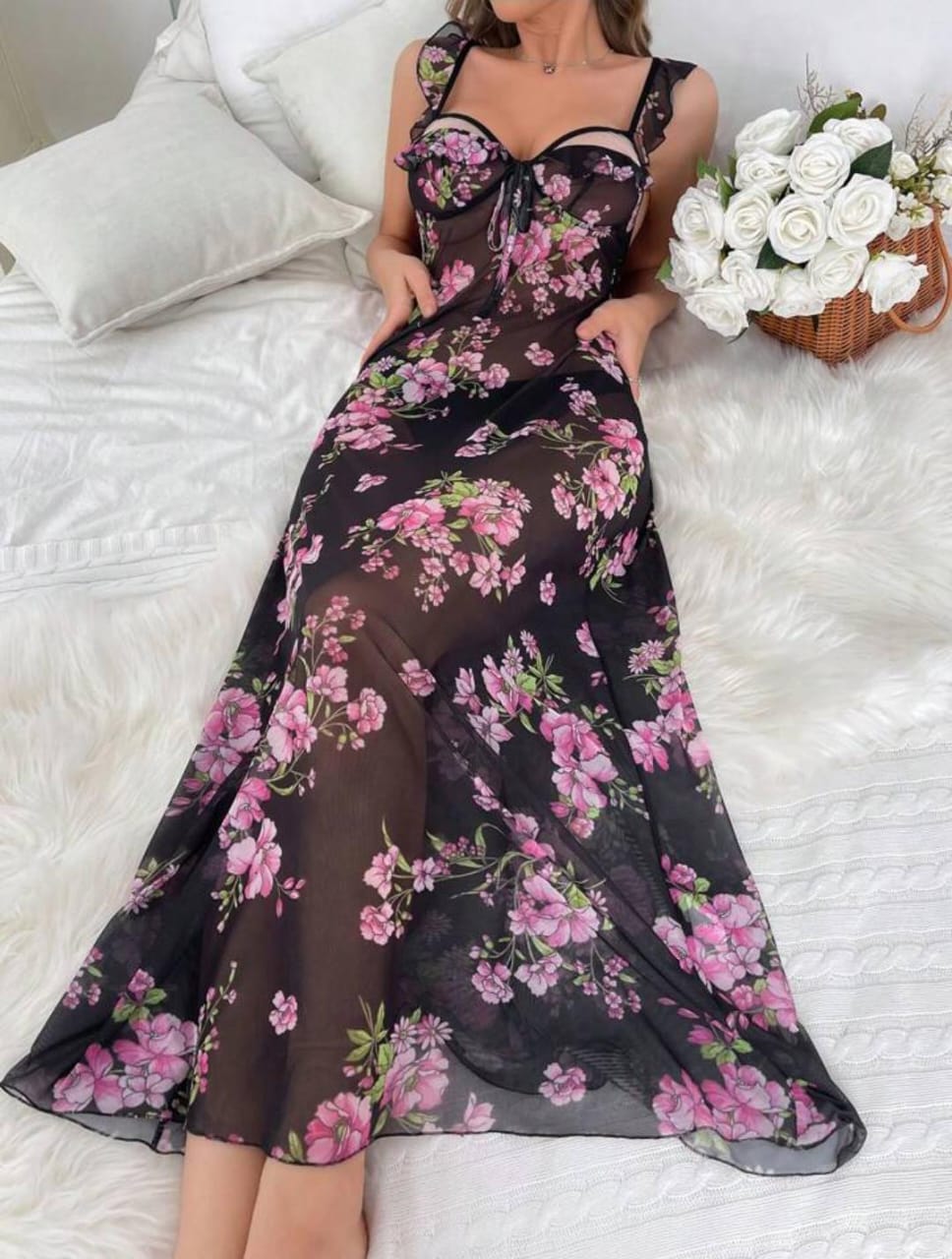 Midnight Bloom 2-Piece Floral Mesh Lingerie Set