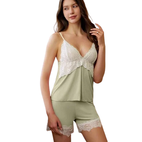 Ribbed Lace Camisole & Shorts Set-Midnight Grace