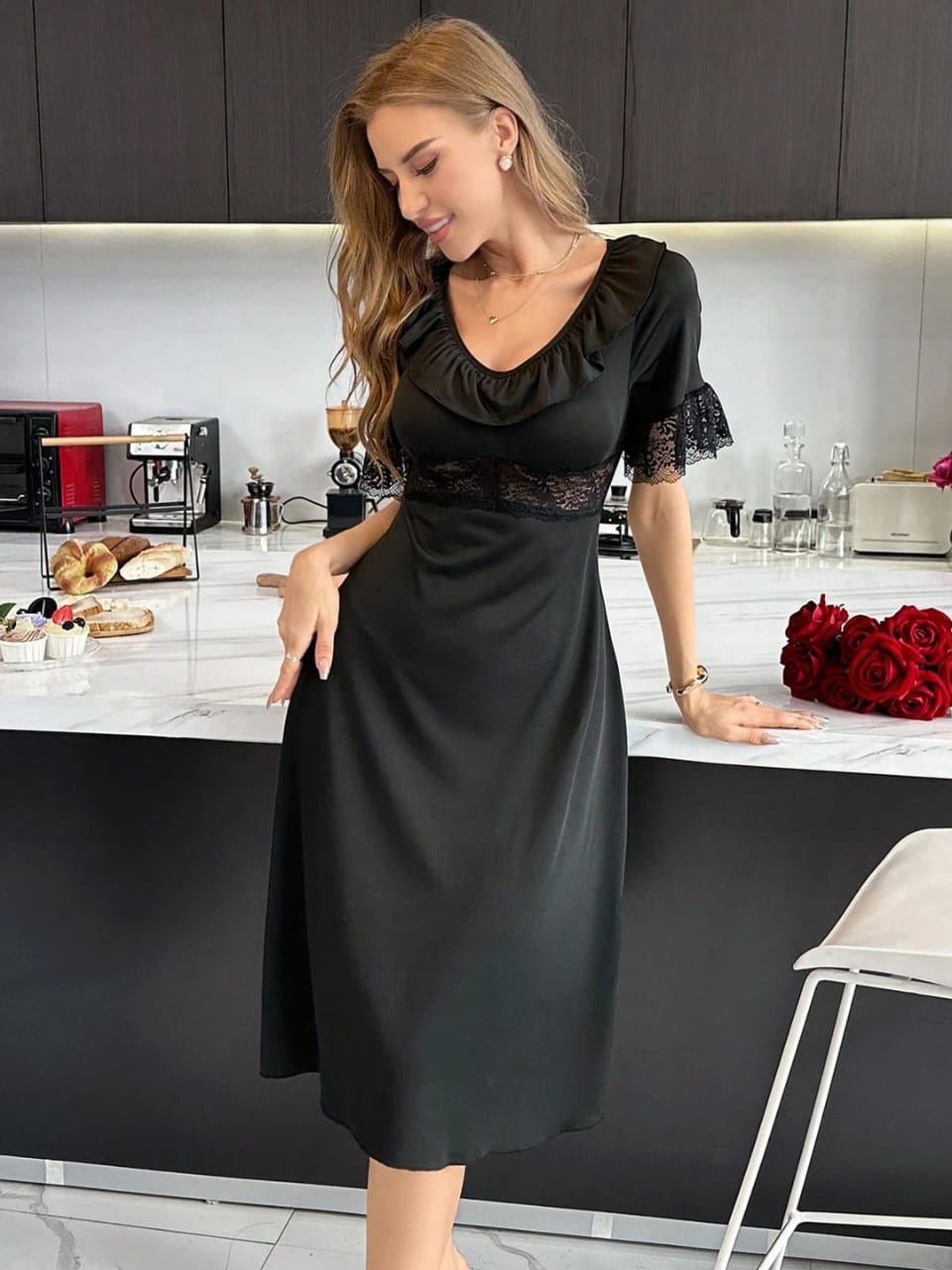 Secret Blush Long Nighty with lace inserts and flounces V-neck