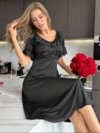 Secret Blush Long Nighty with lace inserts and flounces V-neck