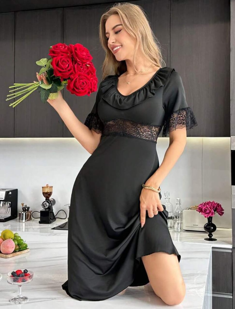 Secret Blush Long Nighty with lace inserts and flounces V-neck