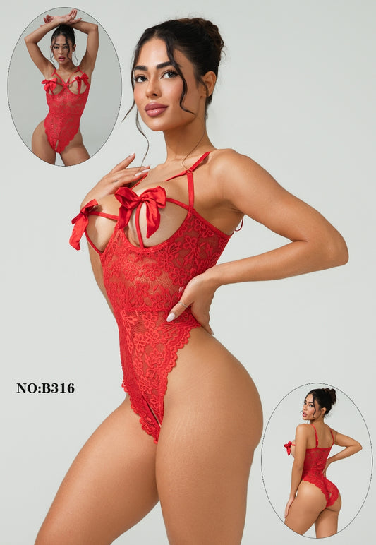 Red Lace Bow Bodysuit – Floral Lingerie One-Piece
