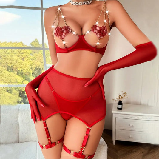 Luxury Mesh Pearl Chain Lingerie Set – 4 Piece Garter Outfit
