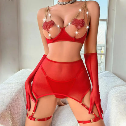 Luxury Mesh Pearl Chain Lingerie Set – 4 Piece Garter Outfit