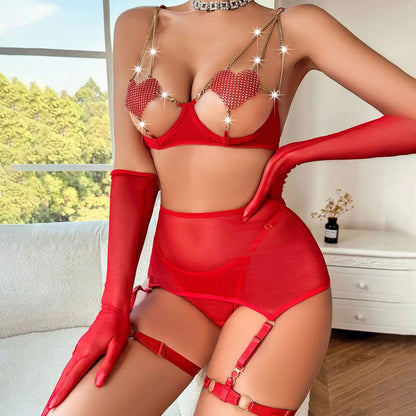 Luxury Mesh Pearl Chain Lingerie Set – 4 Piece Garter Outfit