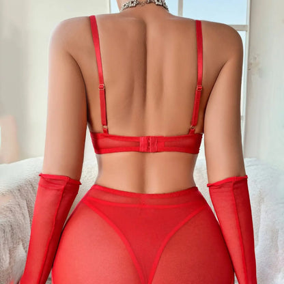 Luxury Mesh Pearl Chain Lingerie Set – 4 Piece Garter Outfit