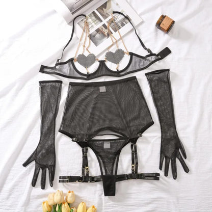 Luxury Mesh Pearl Chain Lingerie Set – 4 Piece Garter Outfit