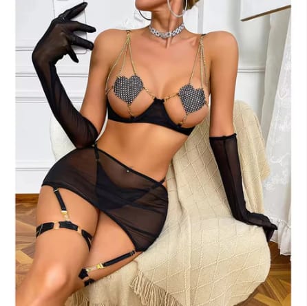 Luxury Mesh Pearl Chain Lingerie Set – 4 Piece Garter Outfit