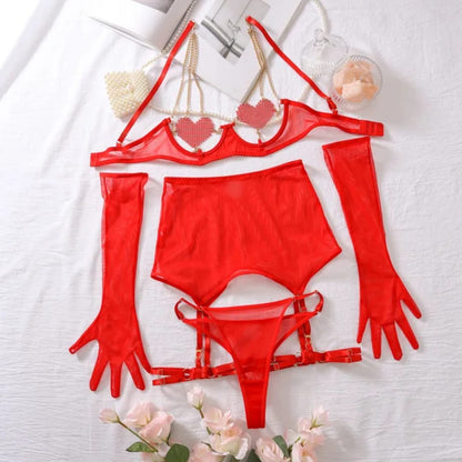 Luxury Mesh Pearl Chain Lingerie Set – 4 Piece Garter Outfit