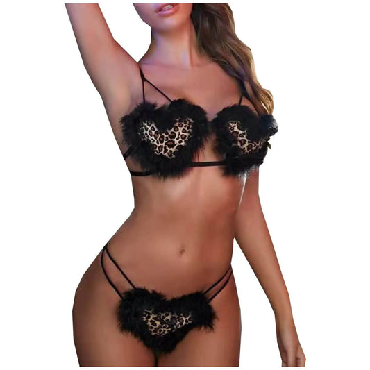 Leopard Heart Feather Lingerie Bra Set