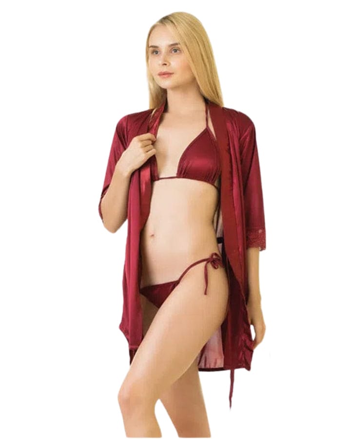 Crimson Temptation – Silk short Gown & Bra panty set