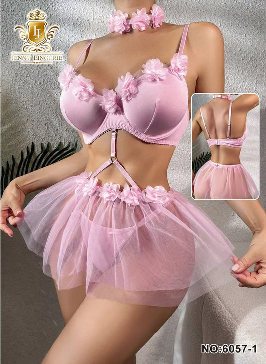 Floral Fantasy Mesh Lingerie Set – 3-Piece Romantic Bloom non-padded
