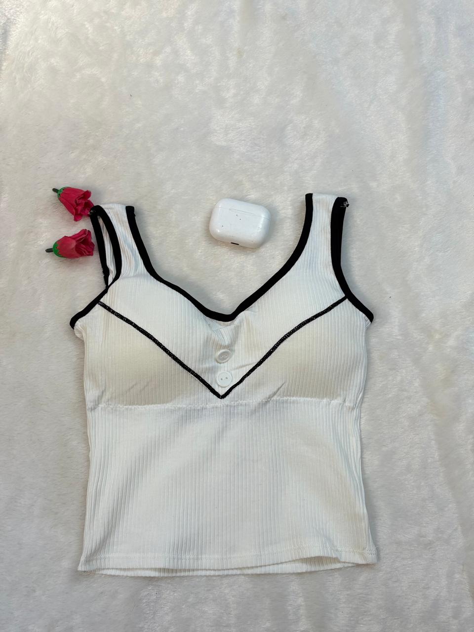 Contrast Trim Padded Ribbed Crop Top