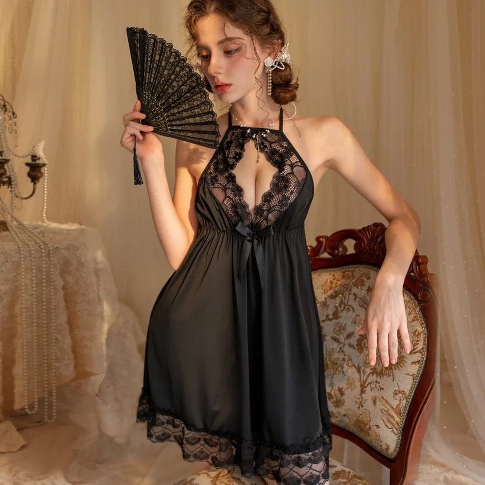 Elegant Midnight Lace Halter Babydoll lingerie