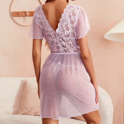 Elegant Lace Deep-V Babydoll Nightwear