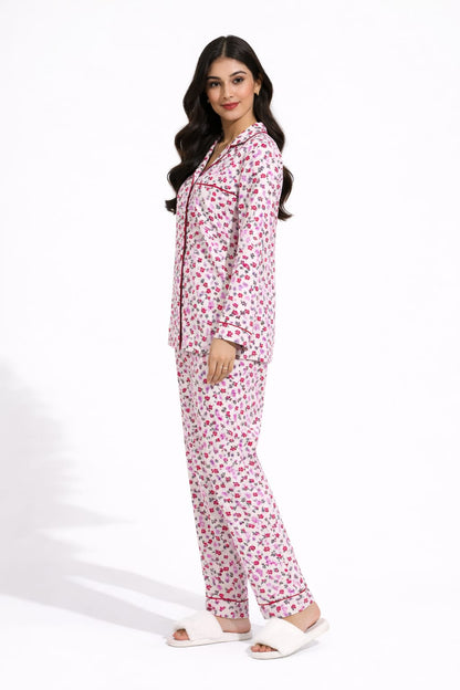 Rosy Bloom Elegance Printed Linen Pajama Suit
