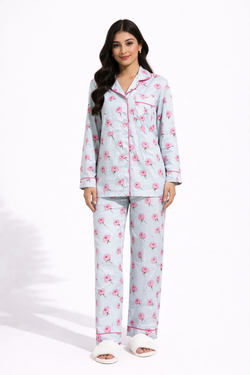 Powder Blue Blossom Printed Linen Pajama suit