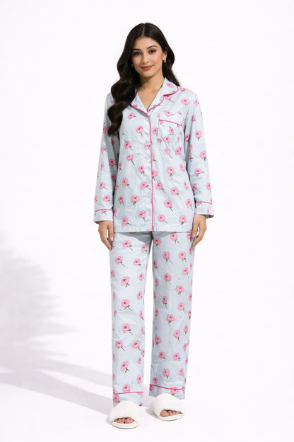 Powder Blue Blossom Printed Linen Pajama suit