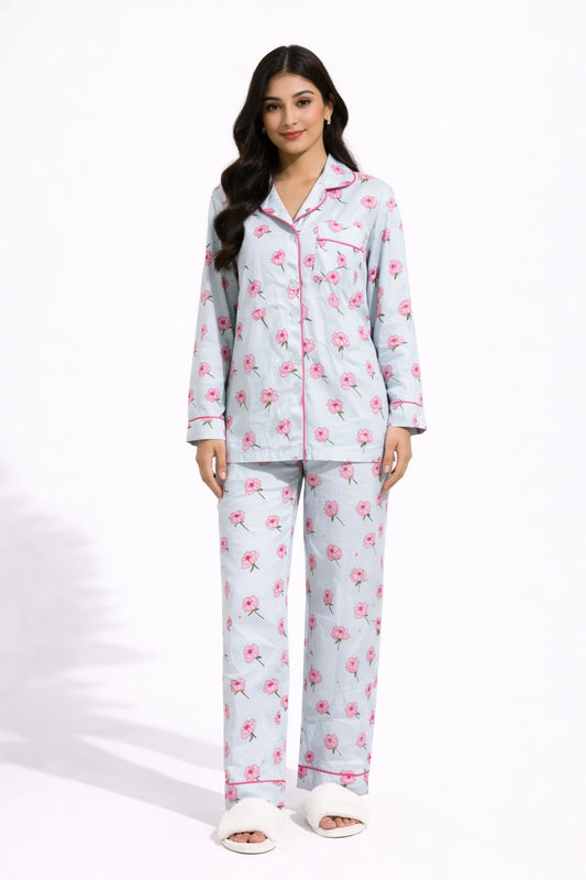 Powder Blue Blossom Printed Linen Pajama suit