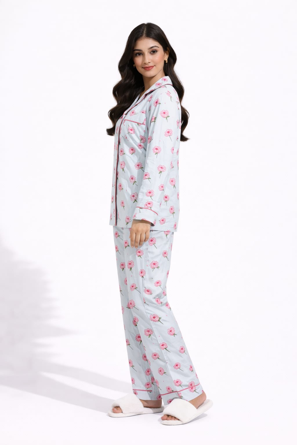 Powder Blue Blossom Printed Linen Pajama suit